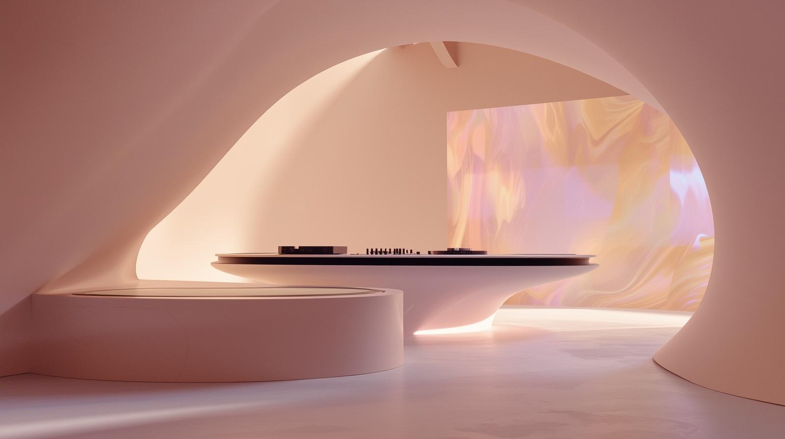 A minimalist and clean photography style showcasing a futuristic DJ booth with smooth, curved lines and prominently visible holographic displays, presented in a simple composition with ample ne (3)